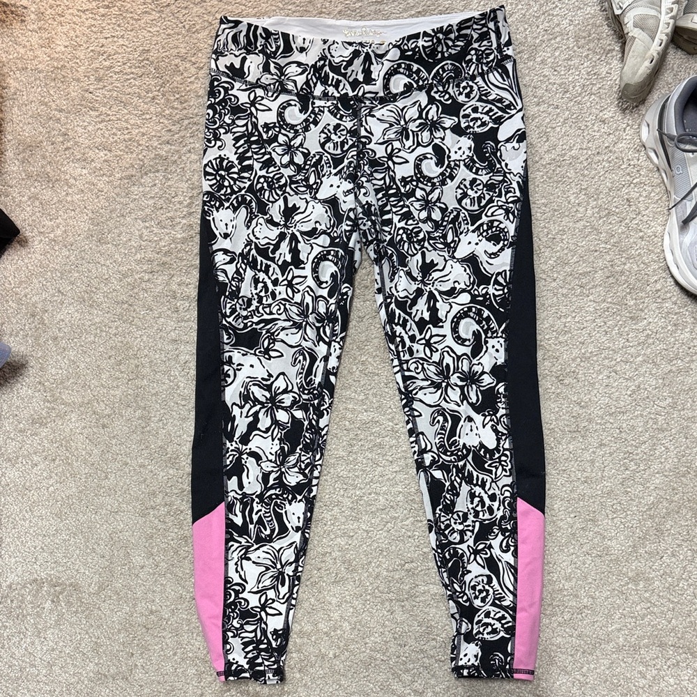 Lilly Pulitzer Black and White Floral Leggings with Pink Accents